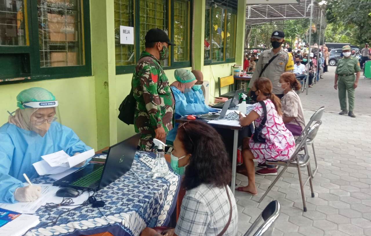 BABINSA KORAMIL 13/NGAMPILAN DAMPINGI VAKSIN DOSIS 1 & 2 DI PENDOPO KANTOR KEMANTREN NGAMPILAN