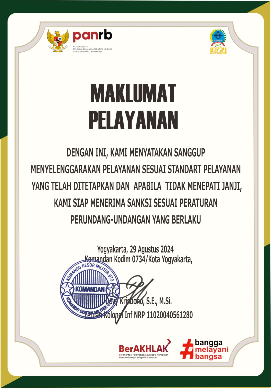 Maklumat Pelayanan Kodim 0734/Kota Yogyakarta